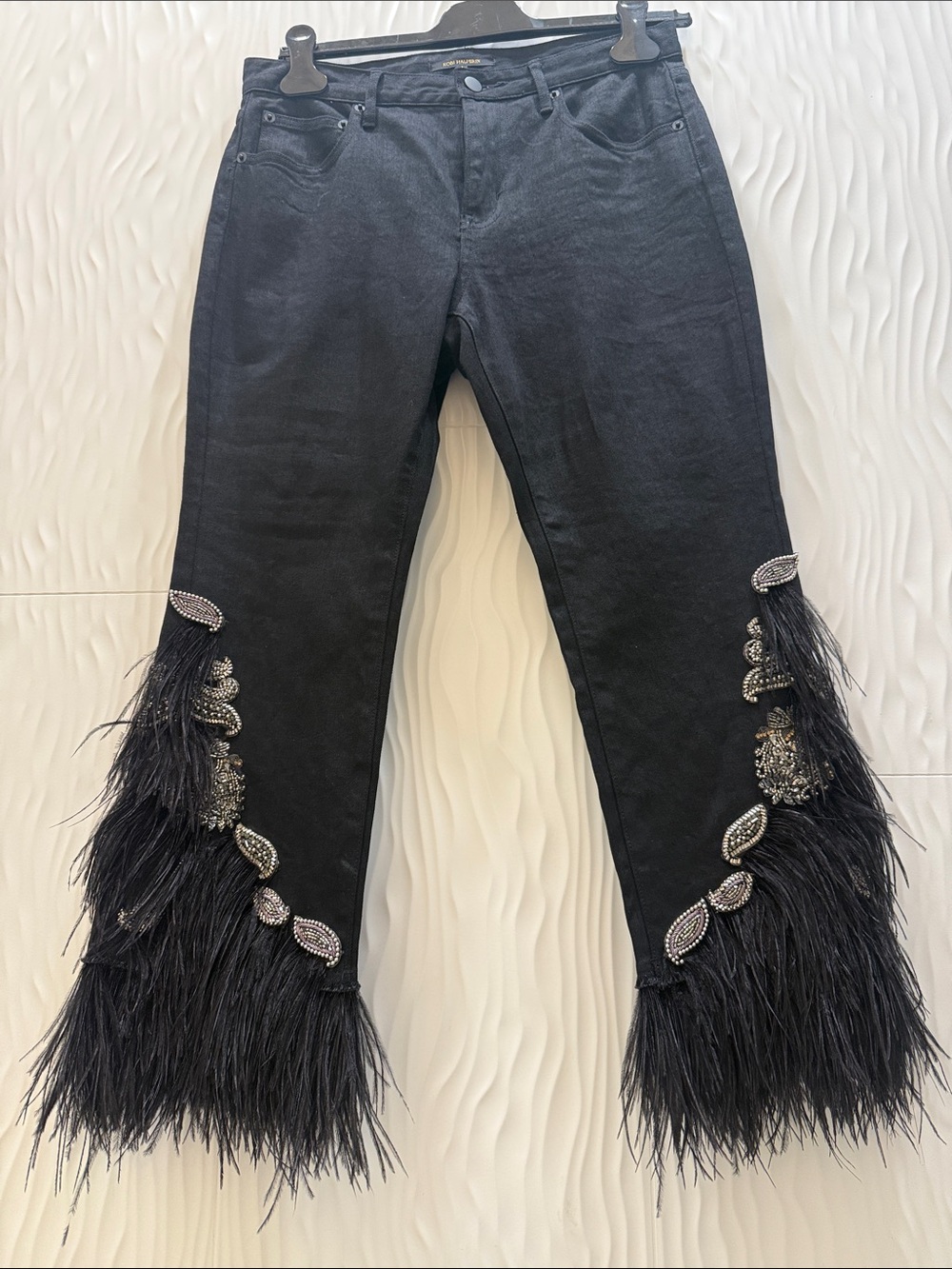 Kobi Halperin Black Feather-Trim Embellished Cropped Jeans